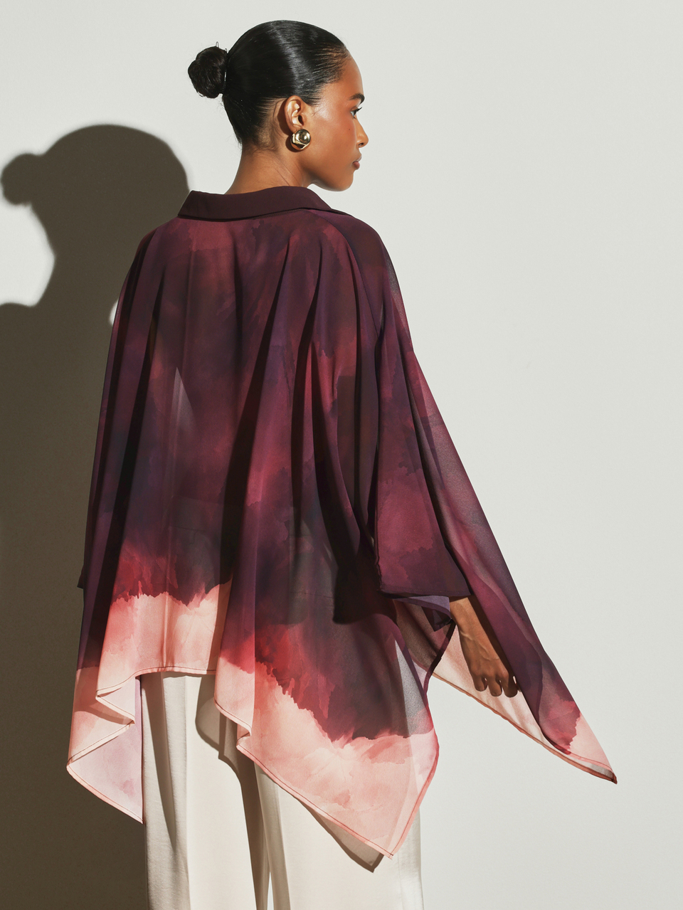 KSTM Sheer Chiffon Oversized Batwing Blouse With Watercolor Ombre Print Collared Neckline High Low Hem Flowing Kaftan Style Top