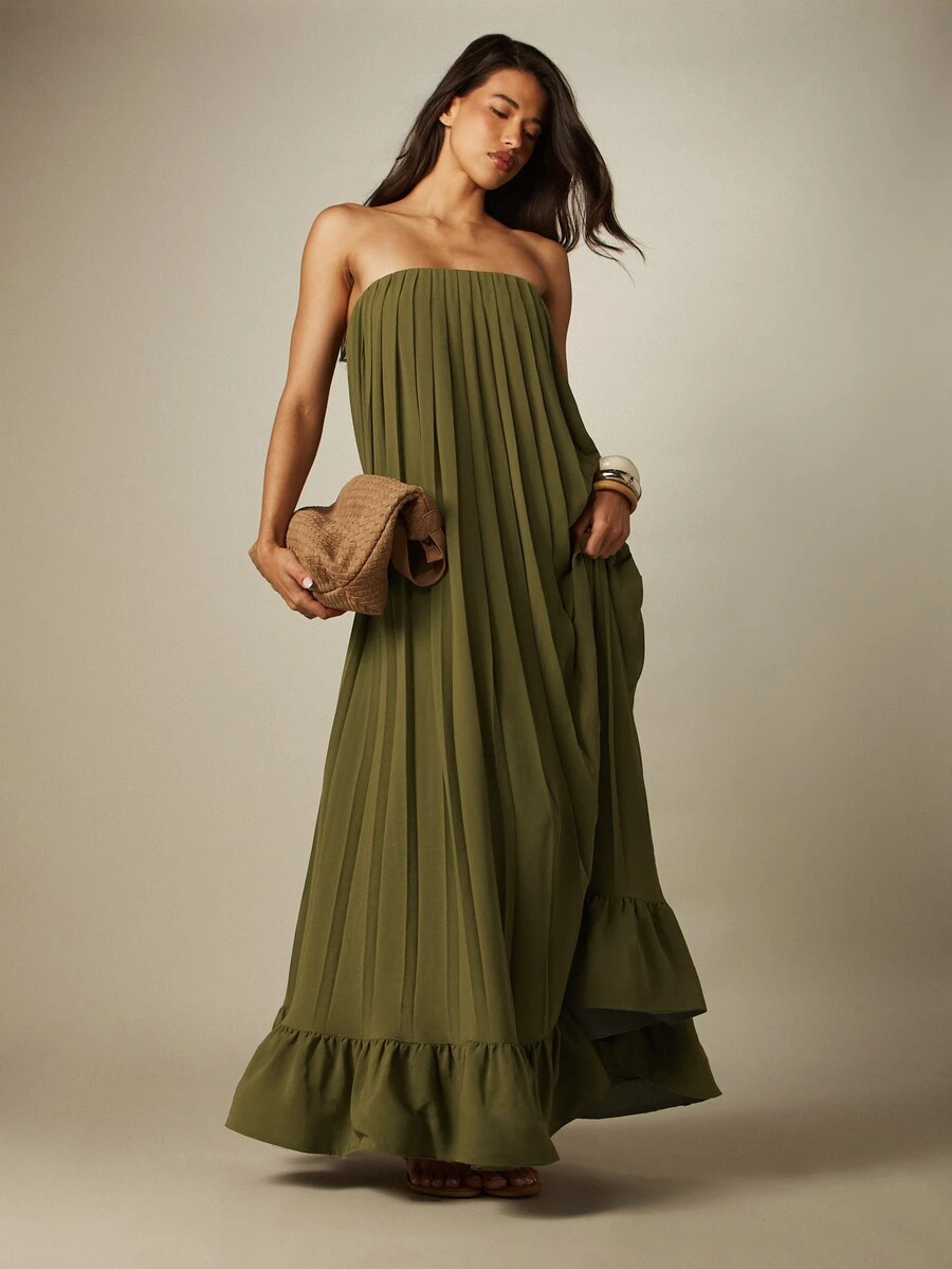 MISSGUIDED Strapless Pleated Maxi Dress With Ruffle Hem A-Line Silhouette Flowy Chiffon Summer Wedding Guest Evening Gown - Green - View 1