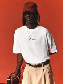 SUMWON Regular Rejects Oversized White Crew Neck Short Sleeve T-Shirt With Script Embroidery Chest Logo Detail Summer Essential - White - View 6
