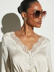 KSTM Cream Lace Trim V-Neck Bell Sleeve Blouse With Drawstring Waist And Floral Lace Cuff Detail Perfect For Spring Summer - Apricot - View 4