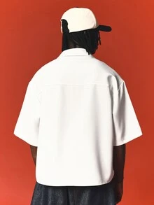 SUMWON Project Boxy Crop Shirt With Spread Collar Short Sleeve Button Front Chest Pocket Embroidered Script Logo Summer Essential - White - View 2