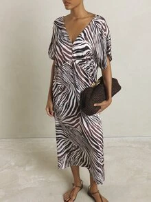 KSTM Zebra Print Satin Midi Dress V-Neck Puff Short Sleeve A-Line Silhouette Cinched Waist Summer Holiday Party Occasion Dress - Multicolor - View 5