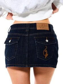BABYPHAT Dark Wash Denim Mini Skirt With Embroidered Cat Logo Low Rise Bodycon Fit Back Patch Pockets Y2K Style - Royal Blue - View 1