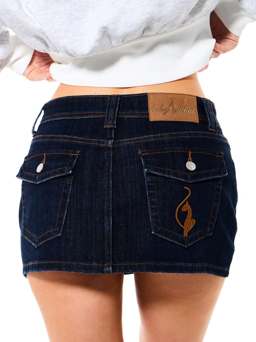BABYPHAT Dark Wash Denim Mini Skirt With Embroidered Cat Logo Low Rise Bodycon Fit Back Patch Pockets Y2K Style - Royal Blue - View 1
