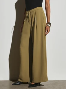 KSTM Wide Leg Palazzo Pants With Drawstring Waist Pleated Front Side Pockets Full Length Flowy Trousers Spring Summer Holiday - Green - View 3