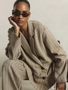 KSTM Oversized Double-Breasted Pinstripe Blazer With Lapel Collar And Button Closure Perfect For Office Spring Workwear - Khaki - View 6