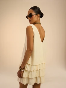 Dancing Leopard Cream Plunge-Neck Tiered Mini Dress, Holiday/Vacation Wear - Apricot - View 3