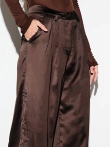 KIZN Satin Wide Leg Dress Pants With Pleated Front High Rise Full Length Silhouette Elegant Evening Occasion Tailored Trousers - Brown - View 5