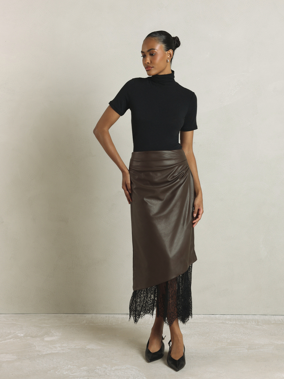KSTM Faux Leather Midi Skirt With Black Lace Trim Asymmetric Hem Ruched Detail High Rise A-Line Silhouette Fall Winter