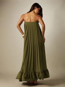 MISSGUIDED Strapless Pleated Maxi Dress With Ruffle Hem A-Line Silhouette Flowy Chiffon Summer Wedding Guest Evening Gown - Green - View 2