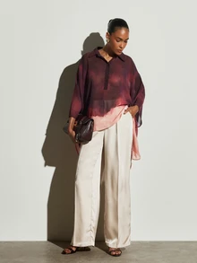 KSTM Sheer Chiffon Oversized Batwing Blouse With Watercolor Ombre Print Collared Neckline High Low Hem Flowing Kaftan Style Top - Multicolor - View 3
