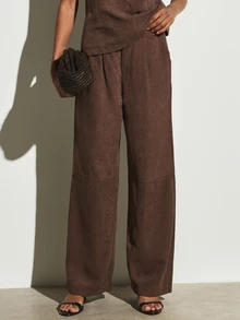 KSTM Halter Neck Suede Co-Ord Set With Wide Leg Pants Elasticated Neck Sleeveless Blouse And High Rise Full Length Trousers Summer Holiday Two-Piece - Coffee Brown - View 4