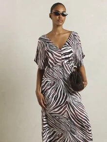 KSTM Zebra Print Satin Midi Dress V-Neck Puff Short Sleeve A-Line Silhouette Cinched Waist Summer Holiday Party Occasion Dress - Multicolor - View 3