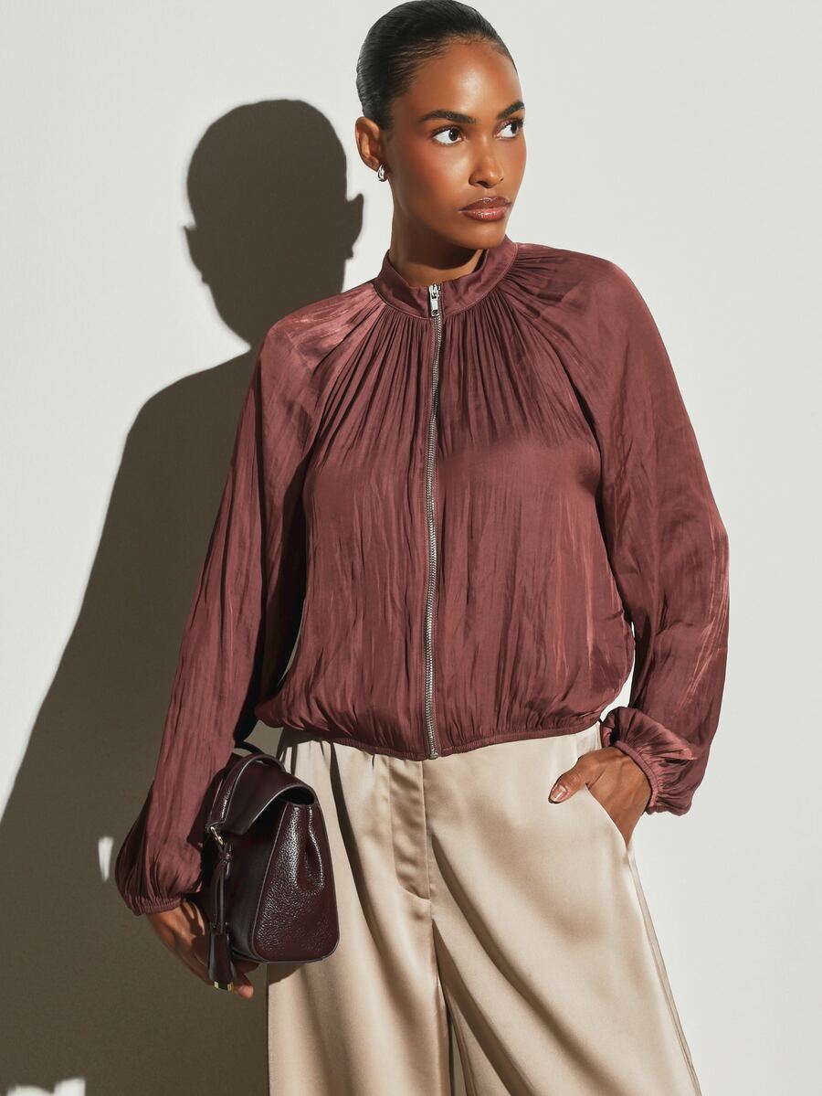 KSTM Satin Bomber Jacket With Ruched Stand Collar Full Zip Elasticated Hem Voluminous Sleeves Fall Winter Occasion - Brown - View 1