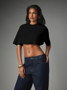 MISSGUIDED 寬鬆方正短版上衣，圓領短袖，波浪邊下擺，休閒日常夏季必備 - 黑色 - 查看 2