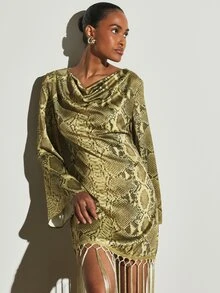 KSTM Snake Print Satin Mini Dress With Macrame Fringe Hem Cowl Neck Bell Sleeves Party Festive Season Statement Look - Multicolor - View 4