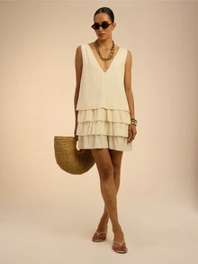 Dancing Leopard Cream Plunge-Neck Tiered Mini Dress, Holiday/Vacation Wear - Apricot - View 5