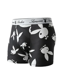 PLAYBOY X SUMWON Celana Dalam Boxer Motif Kelinci di Seluruh Permukaan dengan Karet Pinggang Bermerek - Hadiah Pakaian Dalam untuk Liburan - Hitam - View 4