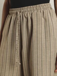 KSTM Wide Leg Linen Feel Casual Pants With Elastic Drawstring Waist Vertical Stripe Pattern Full Length Summer Relaxed Fit Trousers - Khaki - View 6