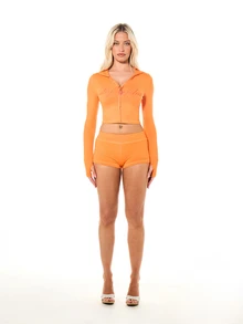BABYPHAT Script Logo Cropped Full-Zip Hoodie And Micro Hot Pants Co-Ord Set With Plunge Neckline And Long Sleeves Fall - Orange - View 3