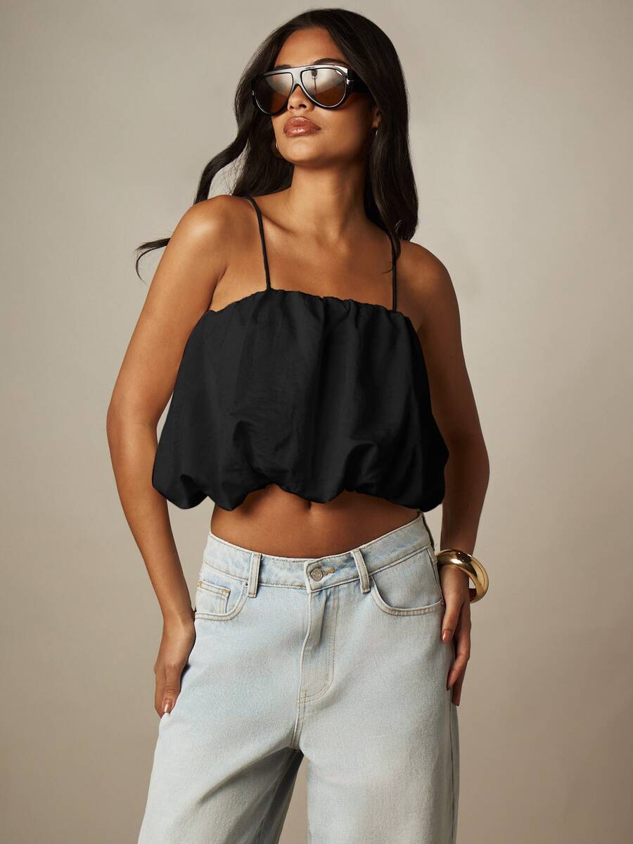 MISSGUIDED 夏季度假祭典穿搭 飄逸泡泡下擺短版細肩帶背心上衣 抽褶領口設計 - 黑色 - 查看 1