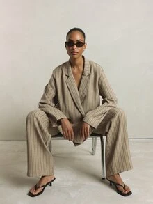 KSTM Wide Leg Linen Feel Casual Pants With Elastic Drawstring Waist Vertical Stripe Pattern Full Length Summer Relaxed Fit Trousers - Khaki - View 5