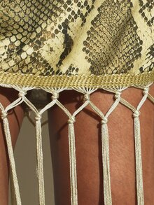 KSTM Snake Print Satin Mini Dress With Macrame Fringe Hem Cowl Neck Bell Sleeves Party Festive Season Statement Look - Multicolor - View 3