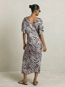 KSTM Zebra Print Satin Midi Dress V-Neck Puff Short Sleeve A-Line Silhouette Cinched Waist Summer Holiday Party Occasion Dress - Multicolor - View 2