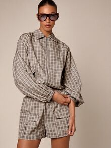 AiiRZ 寬鬆格紋短版拉鍊外套套裝 秋冬休閒日常穿搭 - 彩色 - 查看 4