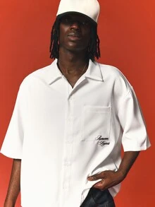 SUMWON Project Boxy Crop Shirt With Spread Collar Short Sleeve Button Front Chest Pocket Embroidered Script Logo Summer Essential - White - View 5