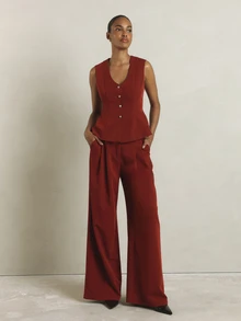 KSTM Wide Leg High Rise Pleated Dress Pants With Side Pockets Tailored Formal Trouser Fall Winter Office Party Style - Redwood - View 2