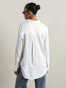 KSTM Regular Classic Oversized Linen Button-Down Shirt With Chest Pocket Collared Long Sleeve Relaxed Fit Summer Casual Top - White - View 5