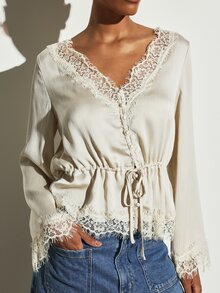 KSTM Cream Lace Trim V-Neck Bell Sleeve Blouse With Drawstring Waist And Floral Lace Cuff Detail Perfect For Spring Summer - Apricot - View 5