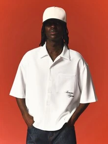 SUMWON Project Boxy Crop Shirt With Spread Collar Short Sleeve Button Front Chest Pocket Embroidered Script Logo Summer Essential - White - View 4