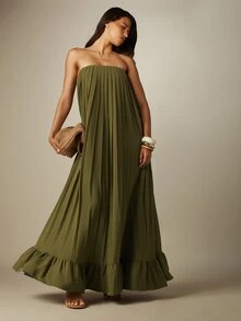MISSGUIDED Strapless Pleated Maxi Dress With Ruffle Hem A-Line Silhouette Flowy Chiffon Summer Wedding Guest Evening Gown - Green - View 5