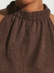 KSTM Halter Neck Suede Co-Ord Set With Wide Leg Pants Elasticated Neck Sleeveless Blouse And High Rise Full Length Trousers Summer Holiday Two-Piece - Coffee Brown - View 6