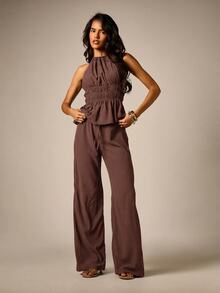 AiiRZ Halter Neck Smocked Waist Peplum Top And Wide Leg Drawstring Trouser Co-Ord Set In Textured Linen Feel Look Fabric - Chocolate Brown - View 1