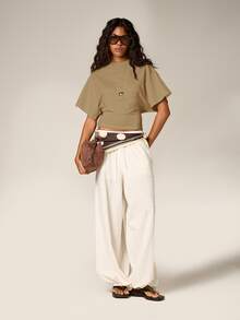 AiiRZ Cropped Boxy Top With Ruched Waist Detail Round Neck Short Flutter Sleeves Casual Summer Everyday Wardrobe Staple - Camel - View 3