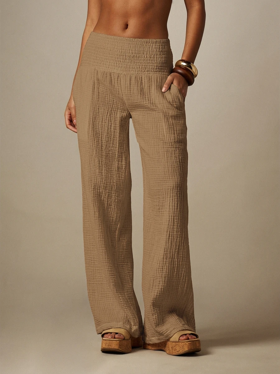 MISSGUIDED Wide Leg Gauze Cotton Pants With Smocked Elastic Waistband - Flowy Beach Cover Up Palazzo Trousers With Side Pockets - Coffee Brown - View 1