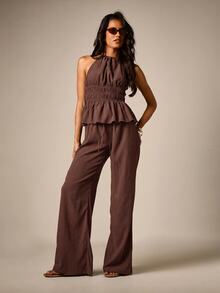 AiiRZ Halter Neck Smocked Waist Peplum Top And Wide Leg Drawstring Trouser Co-Ord Set In Textured Linen Feel Look Fabric - Chocolate Brown - View 5