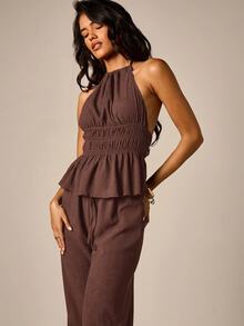 AiiRZ Halter Neck Smocked Waist Peplum Top And Wide Leg Drawstring Trouser Co-Ord Set In Textured Linen Feel Look Fabric - Chocolate Brown - View 2