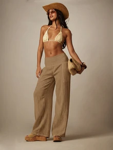 MISSGUIDED Wide Leg Gauze Cotton Pants With Smocked Elastic Waistband - Flowy Beach Cover Up Palazzo Trousers With Side Pockets - Coffee Brown - View 3