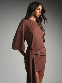 MISSGUIDED Chocolate Brown T-Shirt Mini Dress With Bell Sleeves Cinched Tie Waist Detail Crew Neck Ruched Bodycon Skirt Fall Winter Party - Brown - View 1