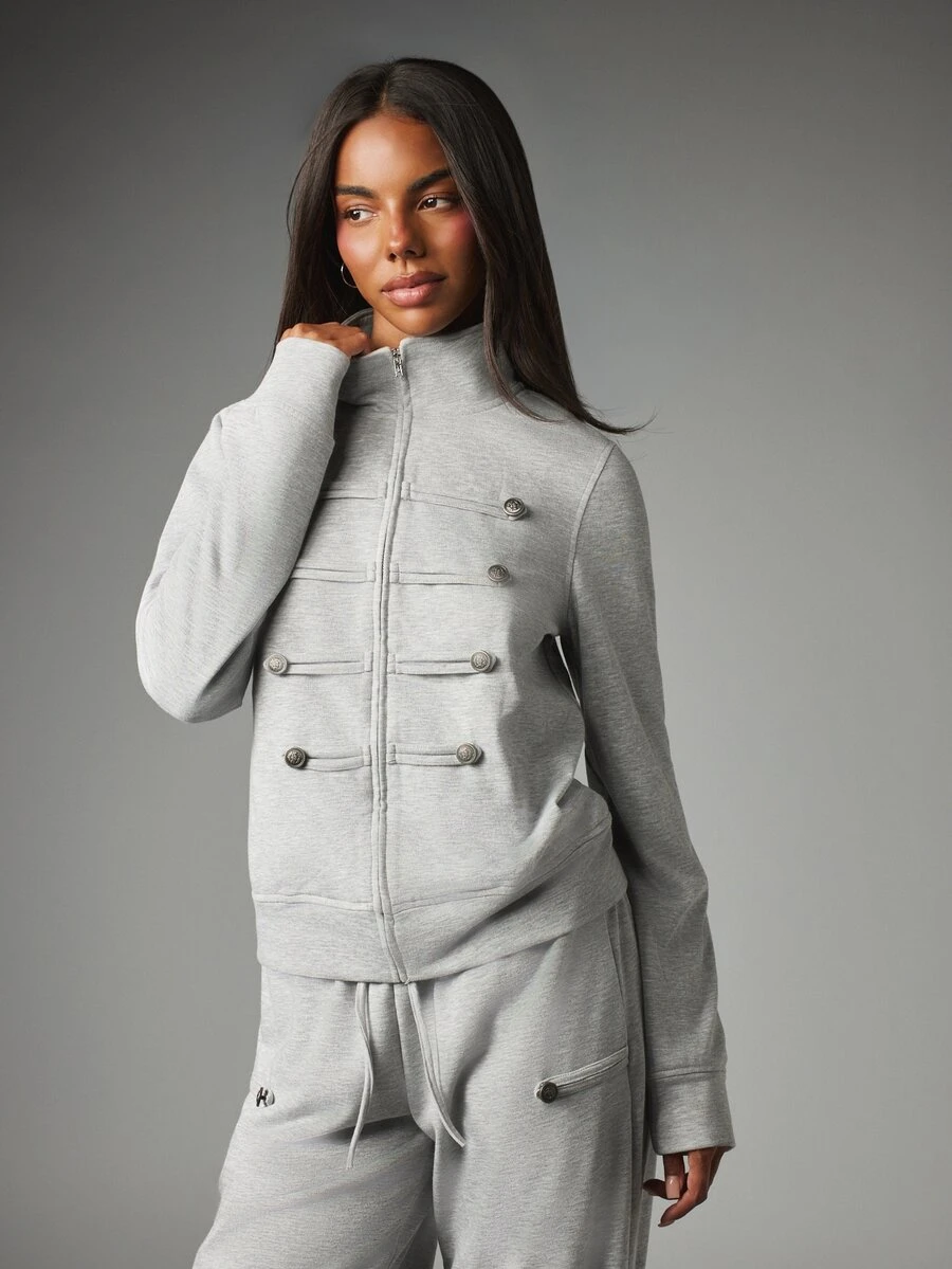 MISSGUIDED 軍裝風全拉鍊運動外套,銀色鈕扣裝飾,高領長袖修身版型 - 灰色 - 查看 1