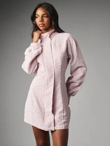 MISSGUIDED 格紋迷你襯衫洋裝 高領長泡泡袖 前隱藏鈕扣 泡泡紋梭織面料 春夏場合日常穿著 - 粉色 - 查看 4