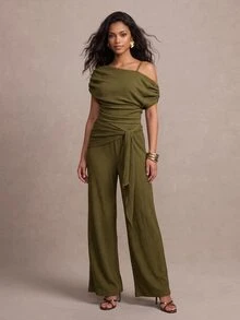 QUIZ Khaki High Waist Wide Leg Trousers With Draped Wrap Panel And Tie Detail, Pants For Women, Elegant Chic Pants, Wear To Work Trousers, Everyday Wear Pants, Summer Outfits For Women, Vacation Outfits Women - Olive Green - View 4