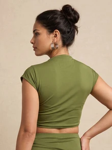 QUIZ Olive Green High Neck Cap Sleeve Draped Contrast Panel Crop Top, Women's Y2K Party Top, Special Occasion Top, Weekend Top, Summer Tops For Women, Summer Outfits For Women, Vacation Outfits Women - Olive Green - View 2