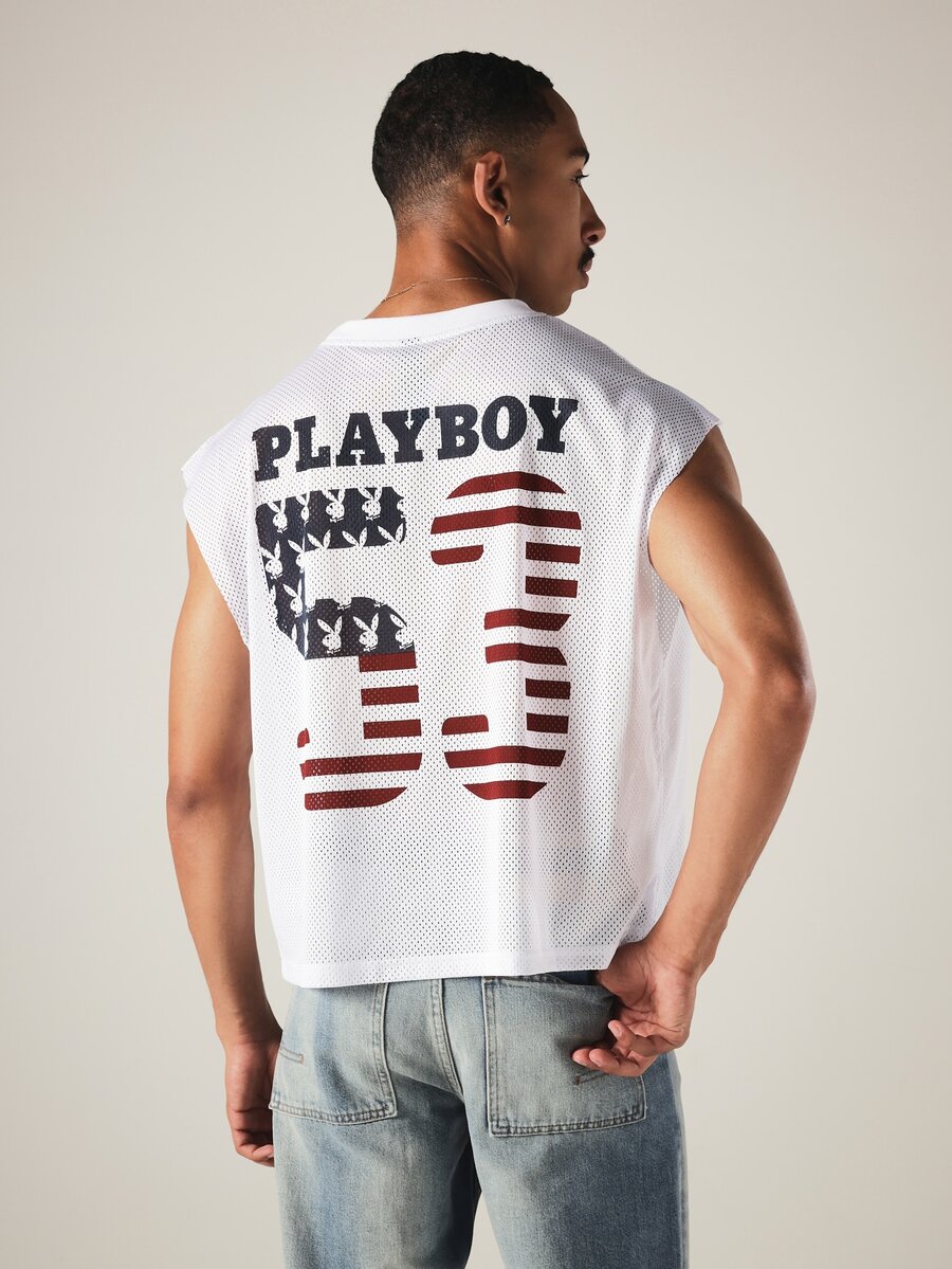 PLAYBOY X SUMWON Bunny American Flag Print Mesh Sleeveless Boxy Crop Vest Top With Crew Neck Summer Festival Style - White - View 1