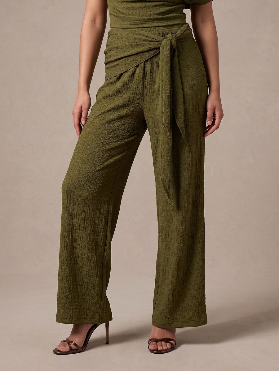 QUIZ Khaki High Waist Wide Leg Trousers With Draped Wrap Panel And Tie Detail, Pants For Women, Elegant Chic Pants, Wear To Work Trousers, Everyday Wear Pants, Summer Outfits For Women, Vacation Outfits Women - Olive Green - View 1