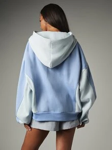 MISSGUIDED 大尺寸拼色連帽衛衣，大帽兜、前口袋、刺繡標誌，舒適套頭運動衫 - 藍色 - 查看 2